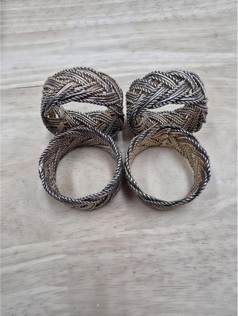Vintage Silver Tone On Brass Woven Napkin Rings Set Of 4 Basket Weave Braided